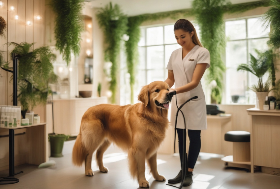 Professional groomer working with a happy dog at Golden Paws Pet Grooming salon